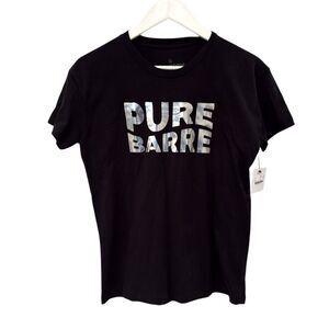 Pure Barre Wave Foil Tee Small NWT Black Silver Logo 100% Cotton USA Barre